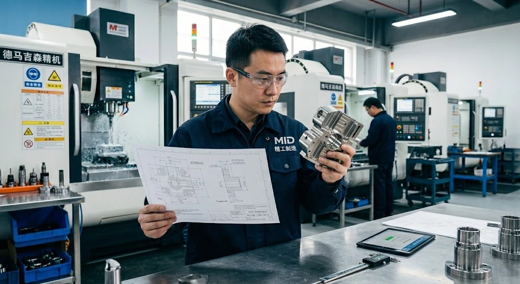 Engineer reviewing technical manufacturing blueprints and a precision-machined part. Engineer reviewing technical manufacturing blueprints and a precision-machined part.