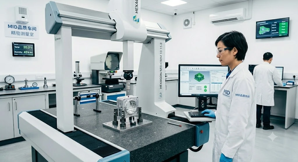 Quality control technician operating a CMM machine in a temperature-controlled metrology laboratory. Quality control technician operating a CMM machine in a temperature-controlled metrology laboratory.