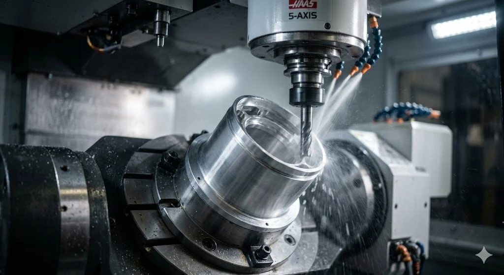 Alt: Close-up of a 5-axis CNC mill precision machining a thin-walled aluminum aerospace component with high-pressure coolant Alt: Close-up of a 5-axis CNC mill precision machining a thin-walled aluminum aerospace component with high-pressure coolant