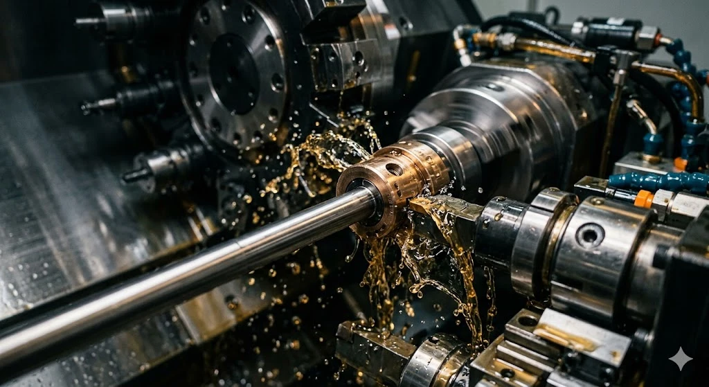Alt: Swiss turning lathe machining a long slender stainless steel shaft supported by a guide bushing with oil coolant Alt: Swiss turning lathe machining a long slender stainless steel shaft supported by a guide bushing with oil coolant